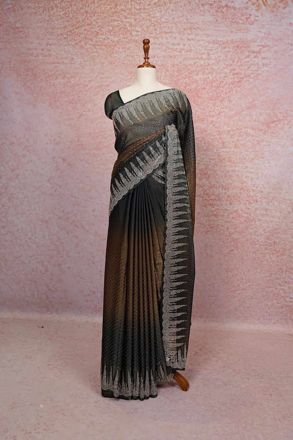 Grey And Gold Velvet Organza Saree