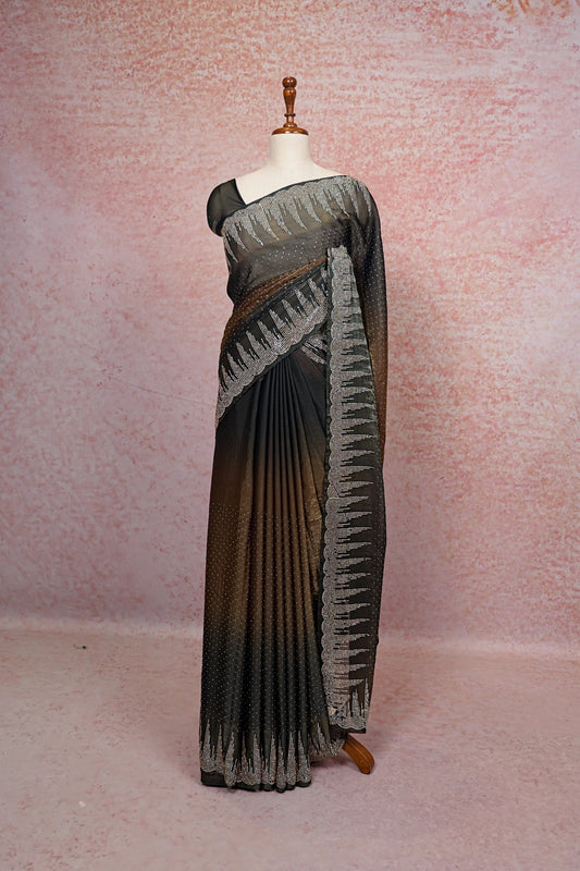 Grey And Gold Velvet Organza Saree - Seematti
