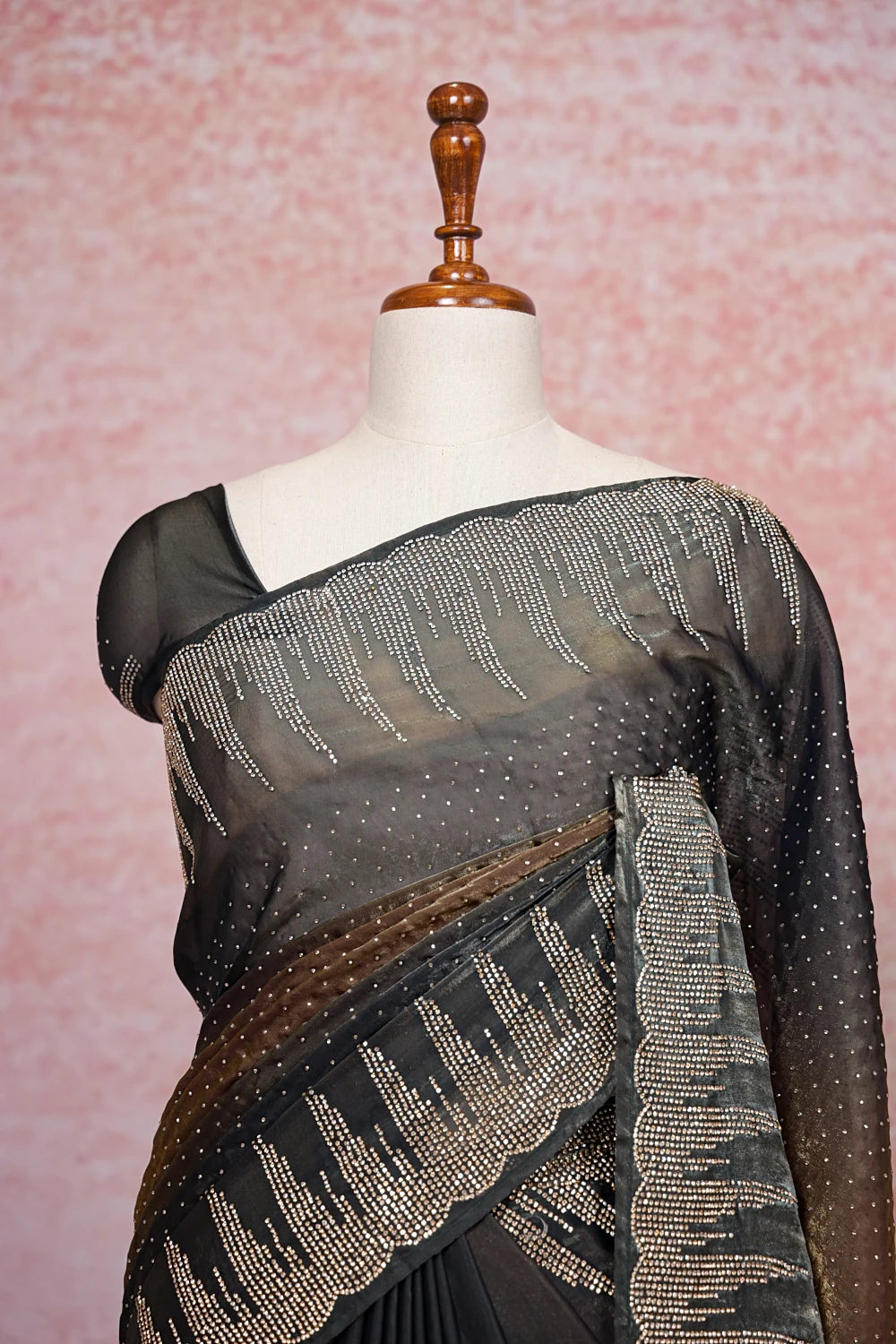 Grey And Gold Velvet Organza Saree