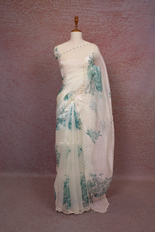Cream Glass Organza Saree - Seematti
