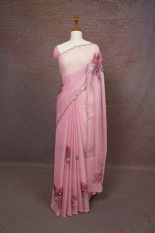 Baby Pink Glass Organza Saree