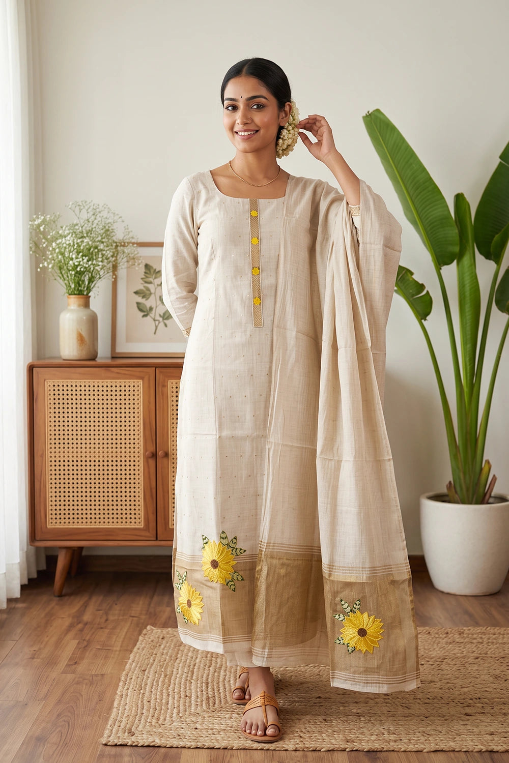 Sand Beige Semi Chanderi Small Butta Unstitched Churidhar Material