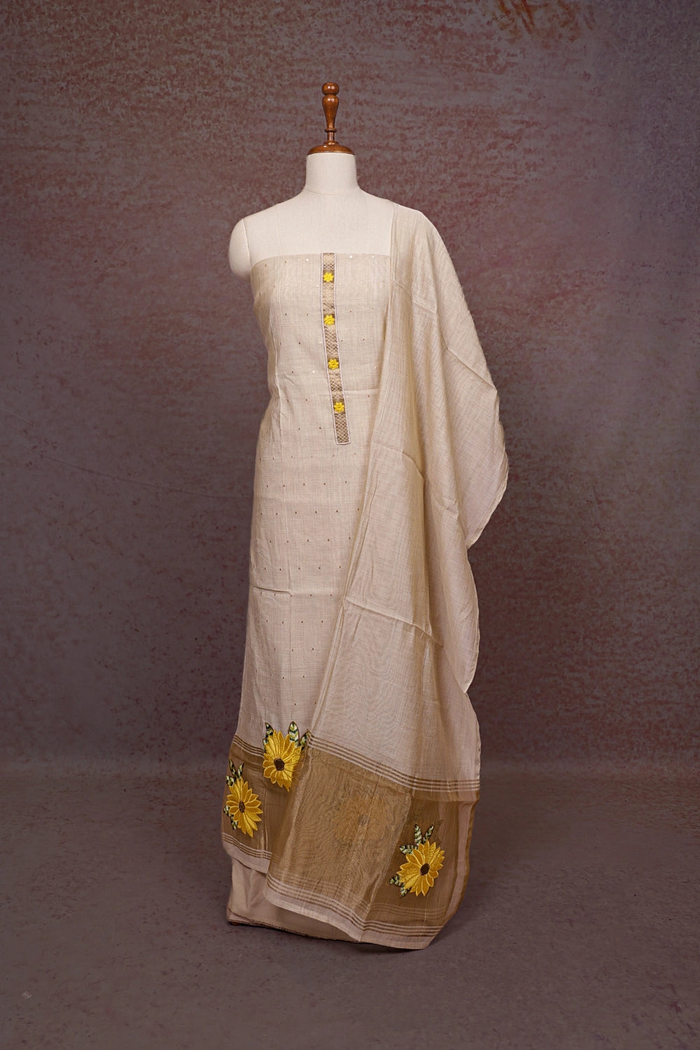 Sand Beige Semi Chanderi Small Butta Unstitched Churidhar Material