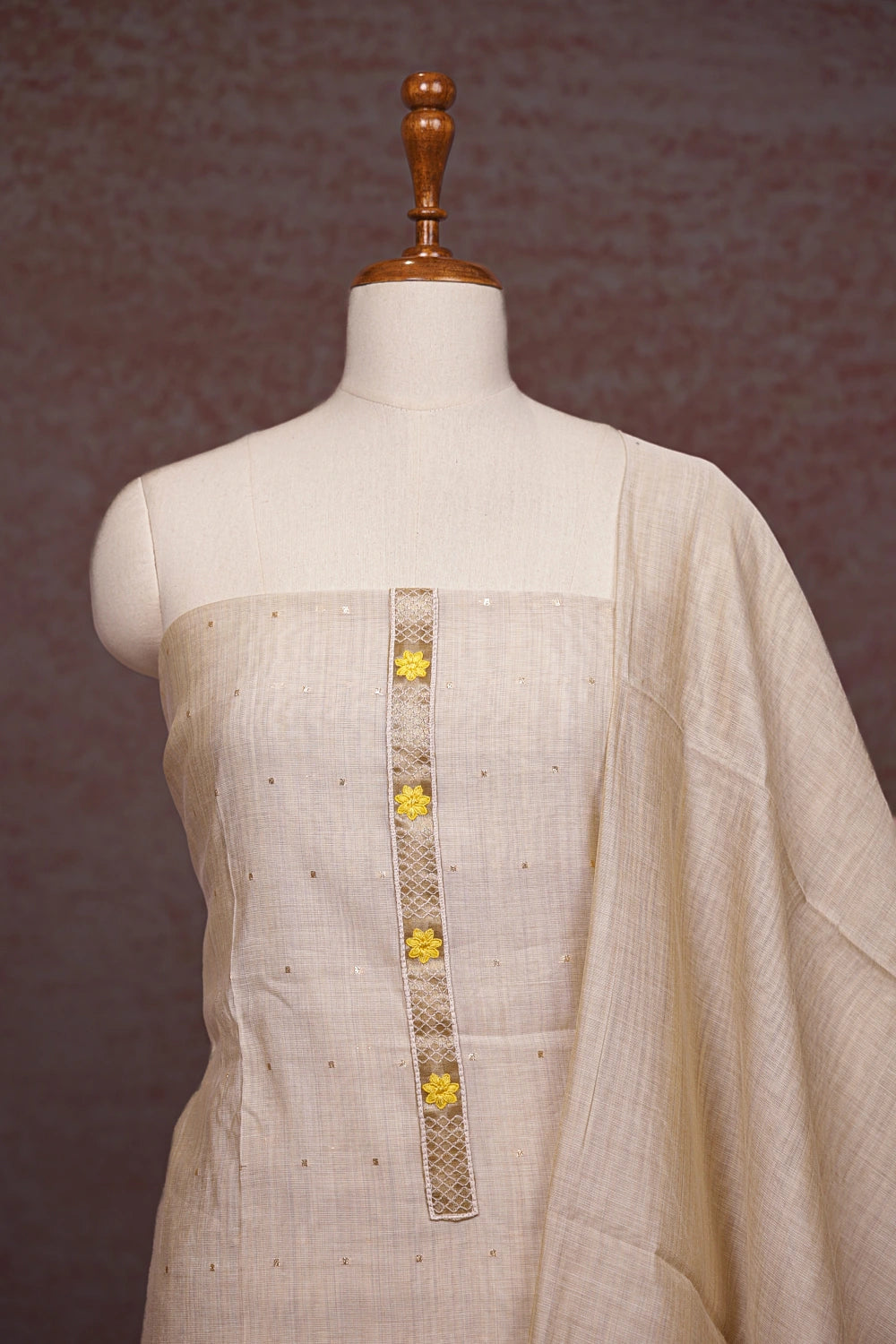 Sand Beige Semi Chanderi Small Butta Unstitched Churidhar Material