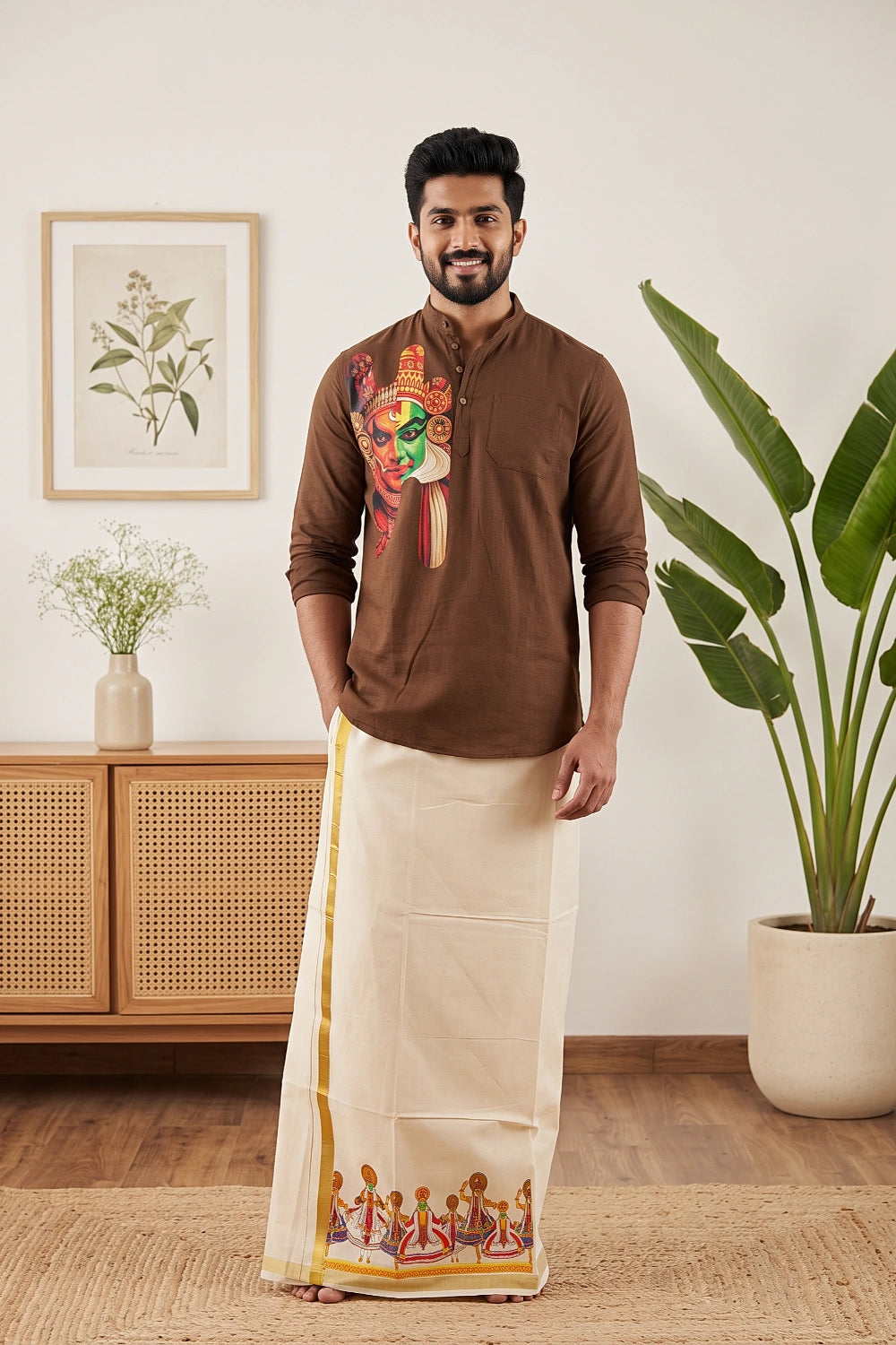 Brown Cotton Kathakali Printed Short Kurti