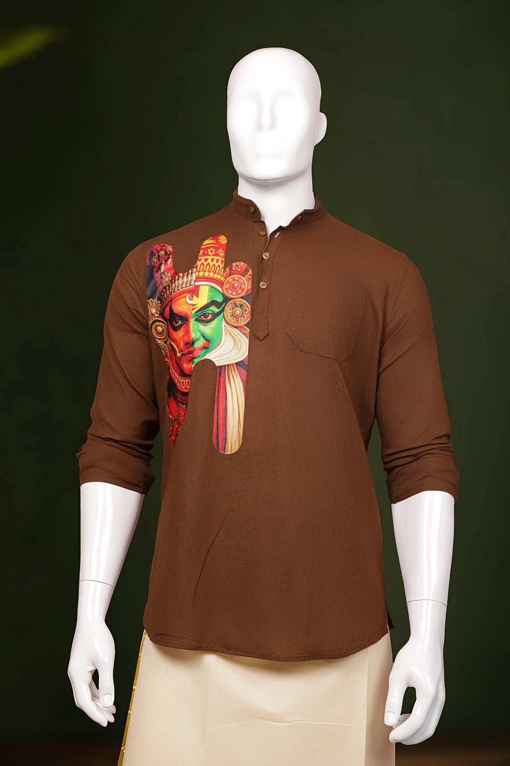 Brown Cotton Kathakali Printed Short Kurti
