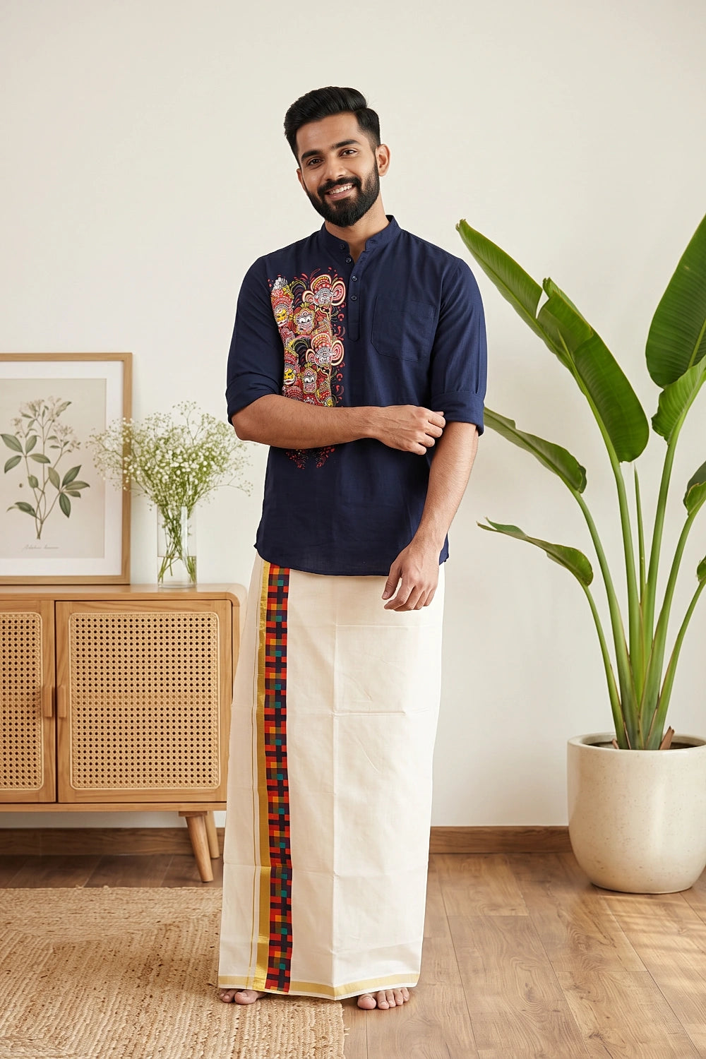 Dark Navy Blue Cotton Traditional Theyyam Printed Short Kurti