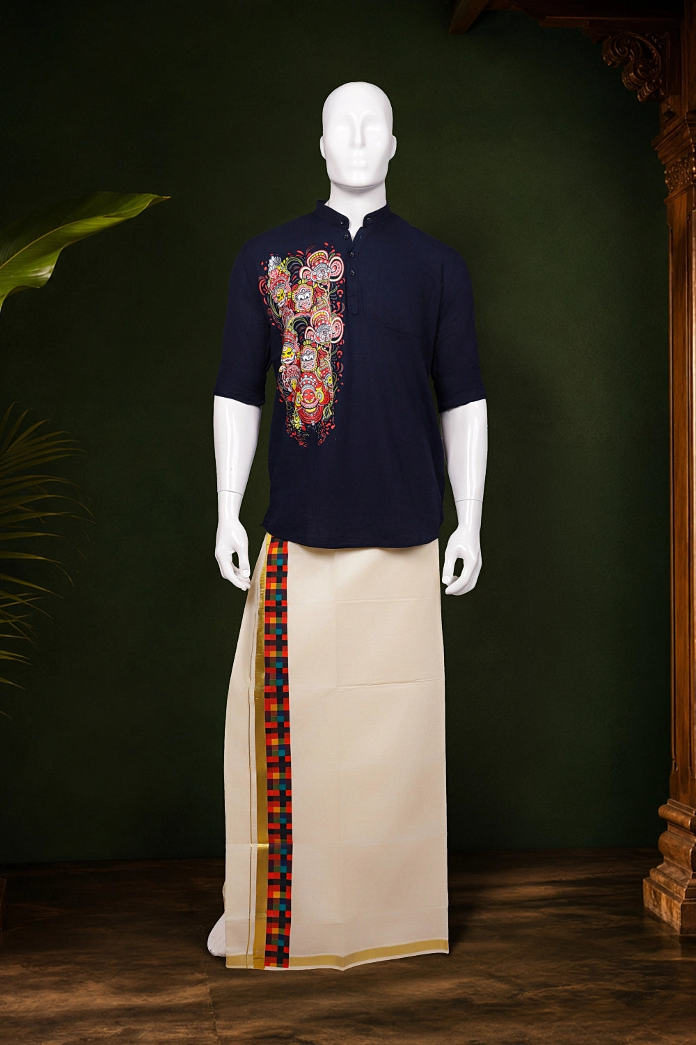 Dark Navy Blue Cotton Traditional Theyyam Printed Short Kurti