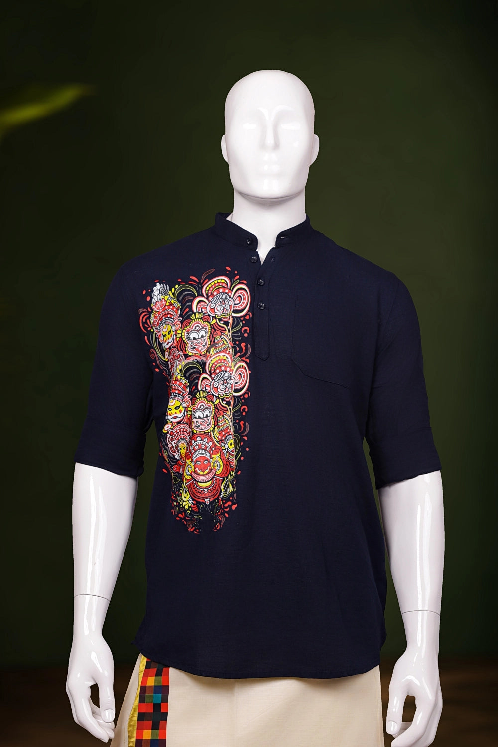 Dark Navy Blue Cotton Traditional Theyyam Printed Short Kurti