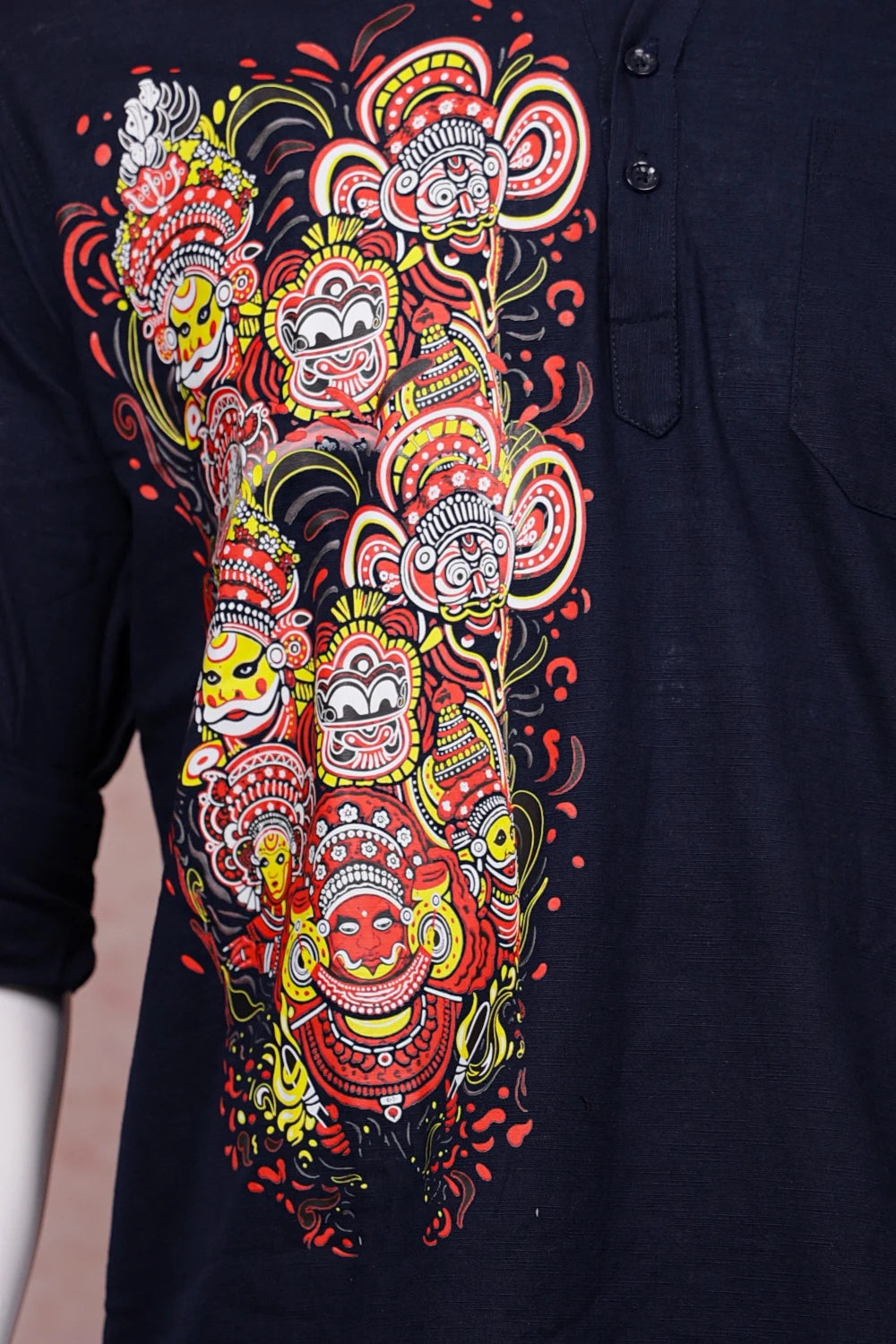 Dark Navy Blue Cotton Traditional Theyyam Printed Short Kurti