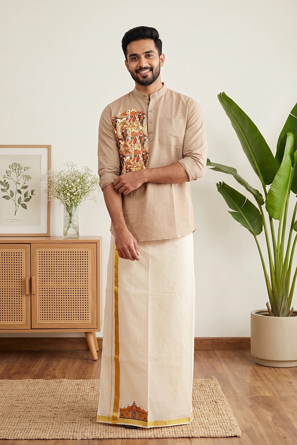Dark Beige Cotton Kathakali Printed Short Kurti