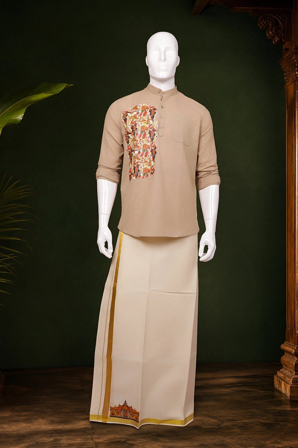 Dark Beige Cotton Kathakali Printed Short Kurti