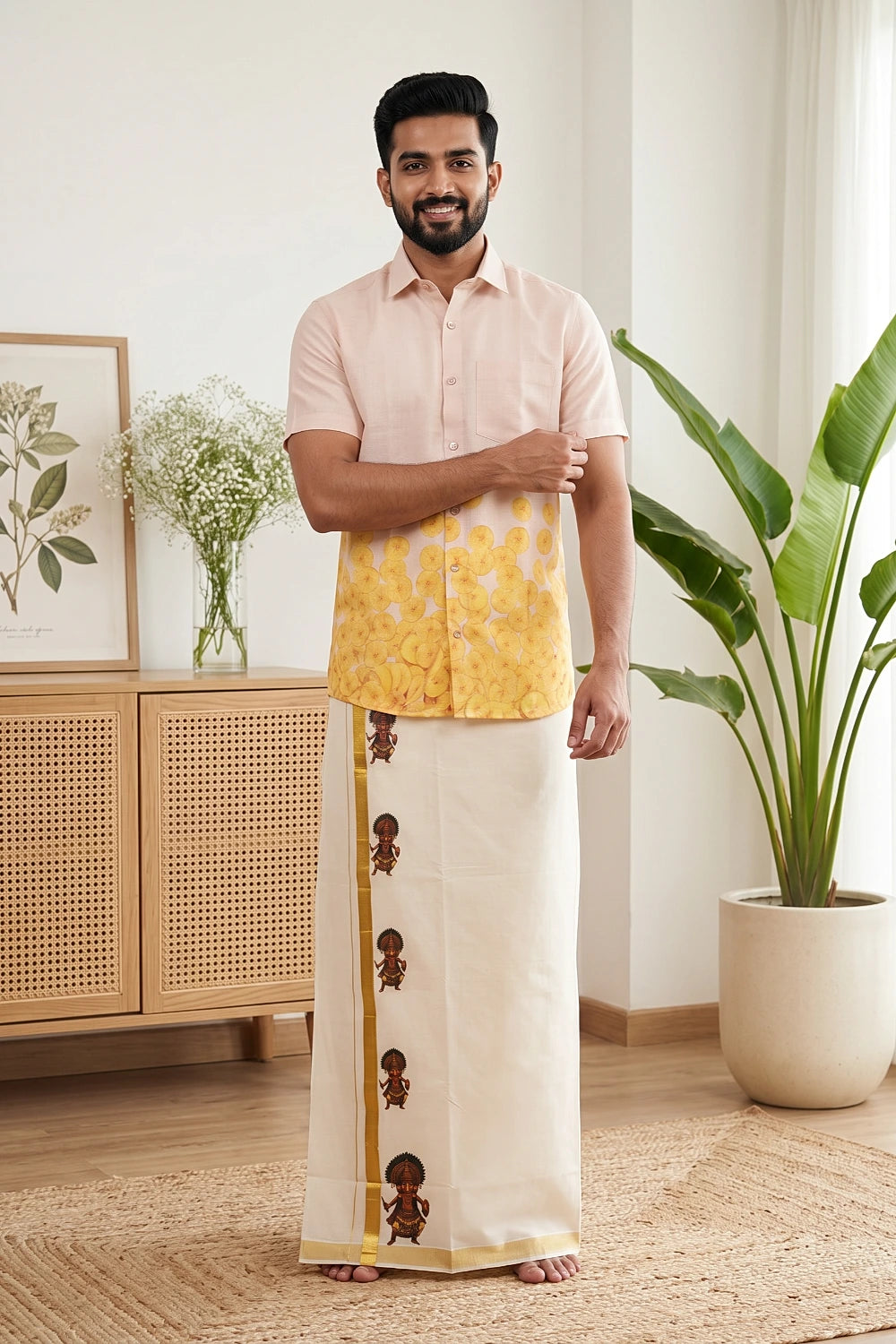 Cream Cotton Art Printed Dothi