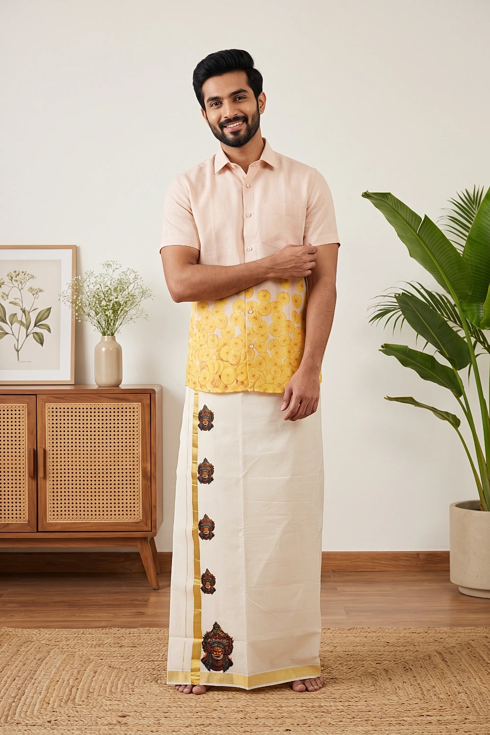 Off White Cotton Art Printed Dothi