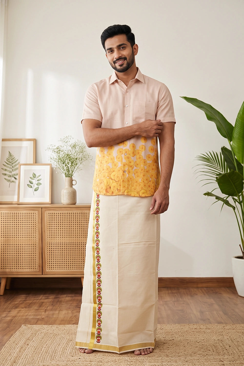 Cream Cotton Art Printed Dothi