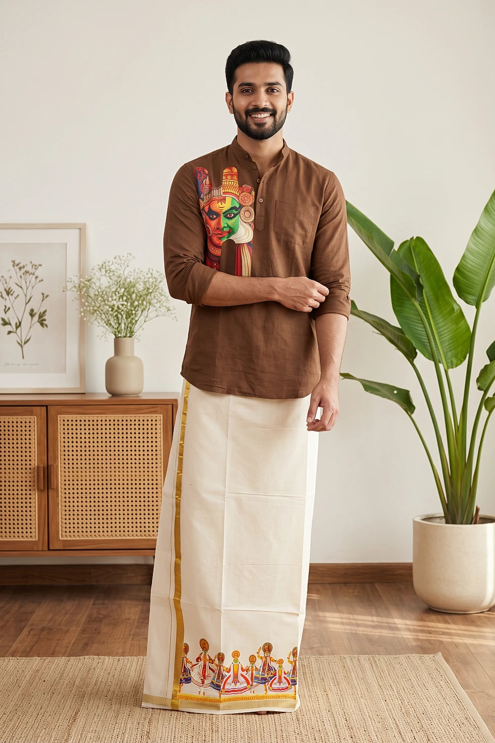 Cream Cotton Kathakali Printed Dothi
