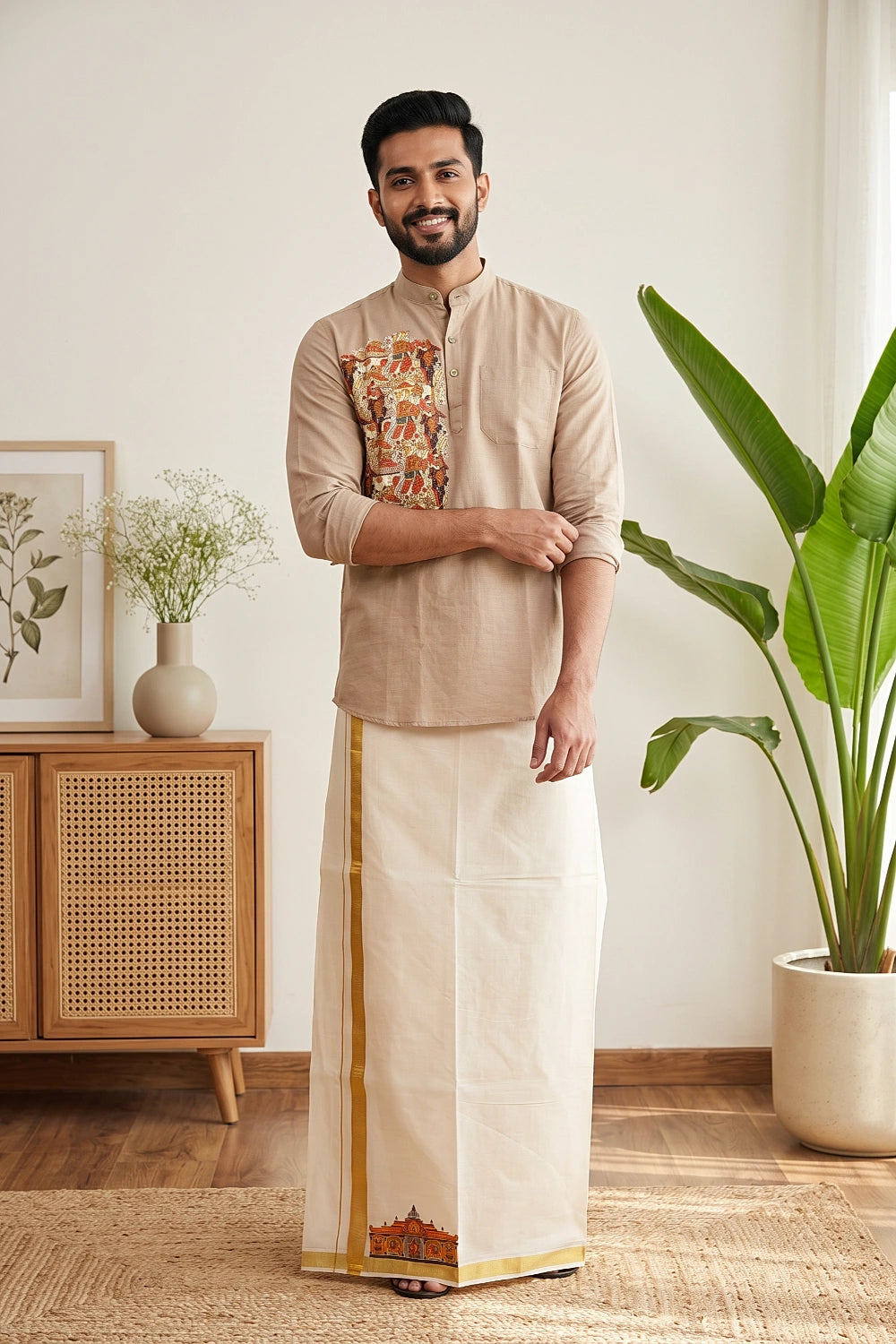 Cream Cotton Digital Printed Dothi