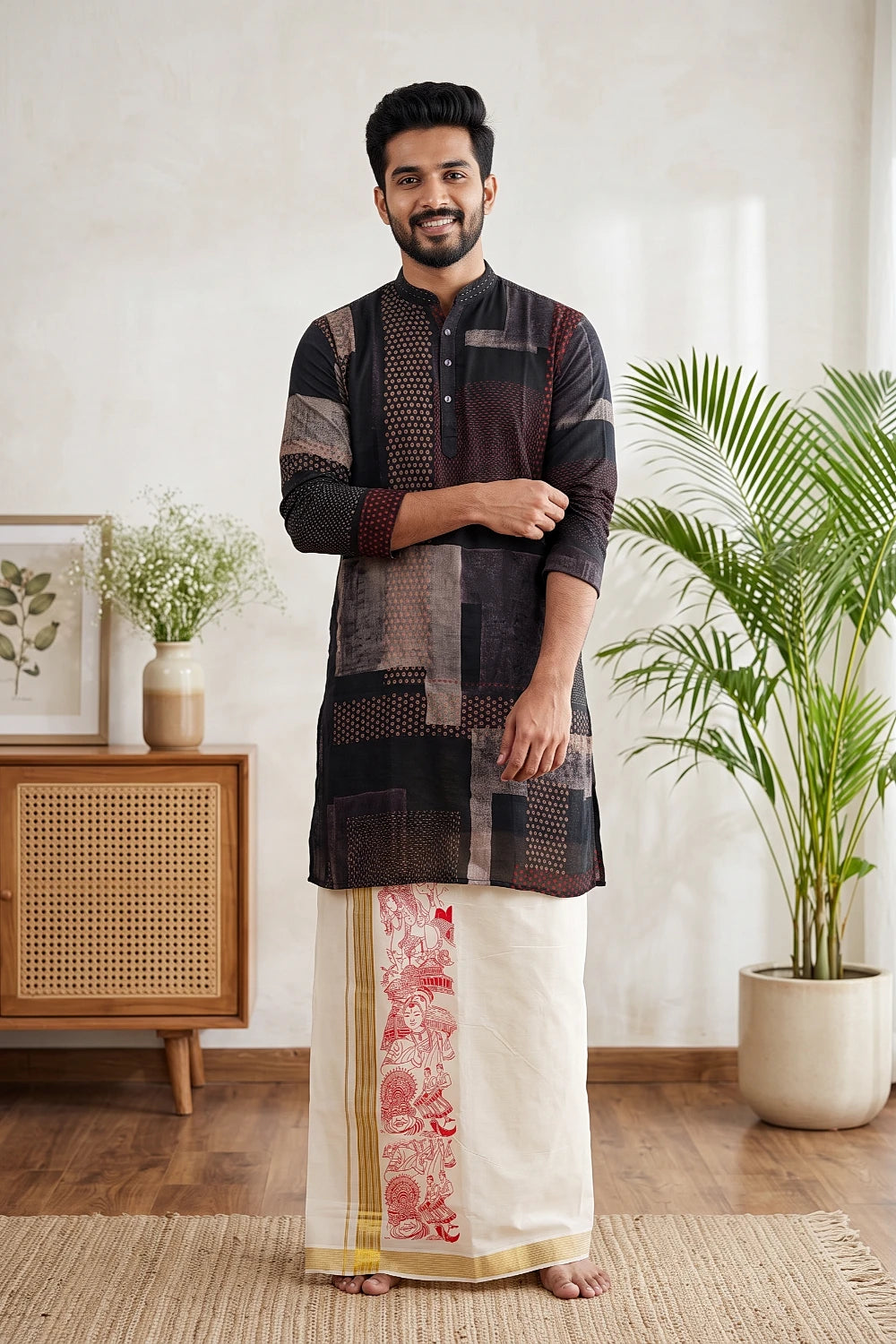 Off White Cotton Art Printed Dothi