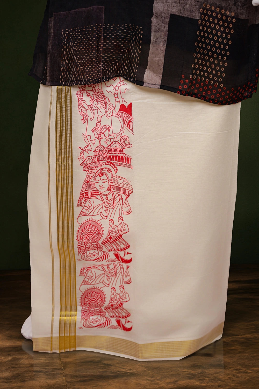 Off White Cotton Art Printed Dothi
