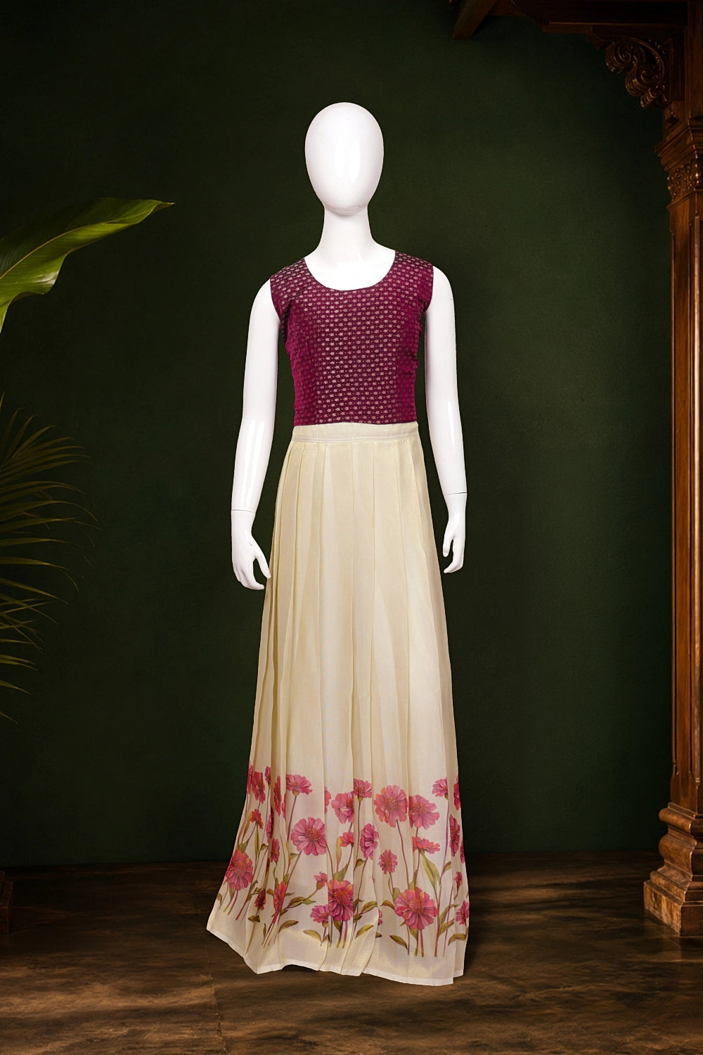 Girls Wine Color Top With Cream Skirt