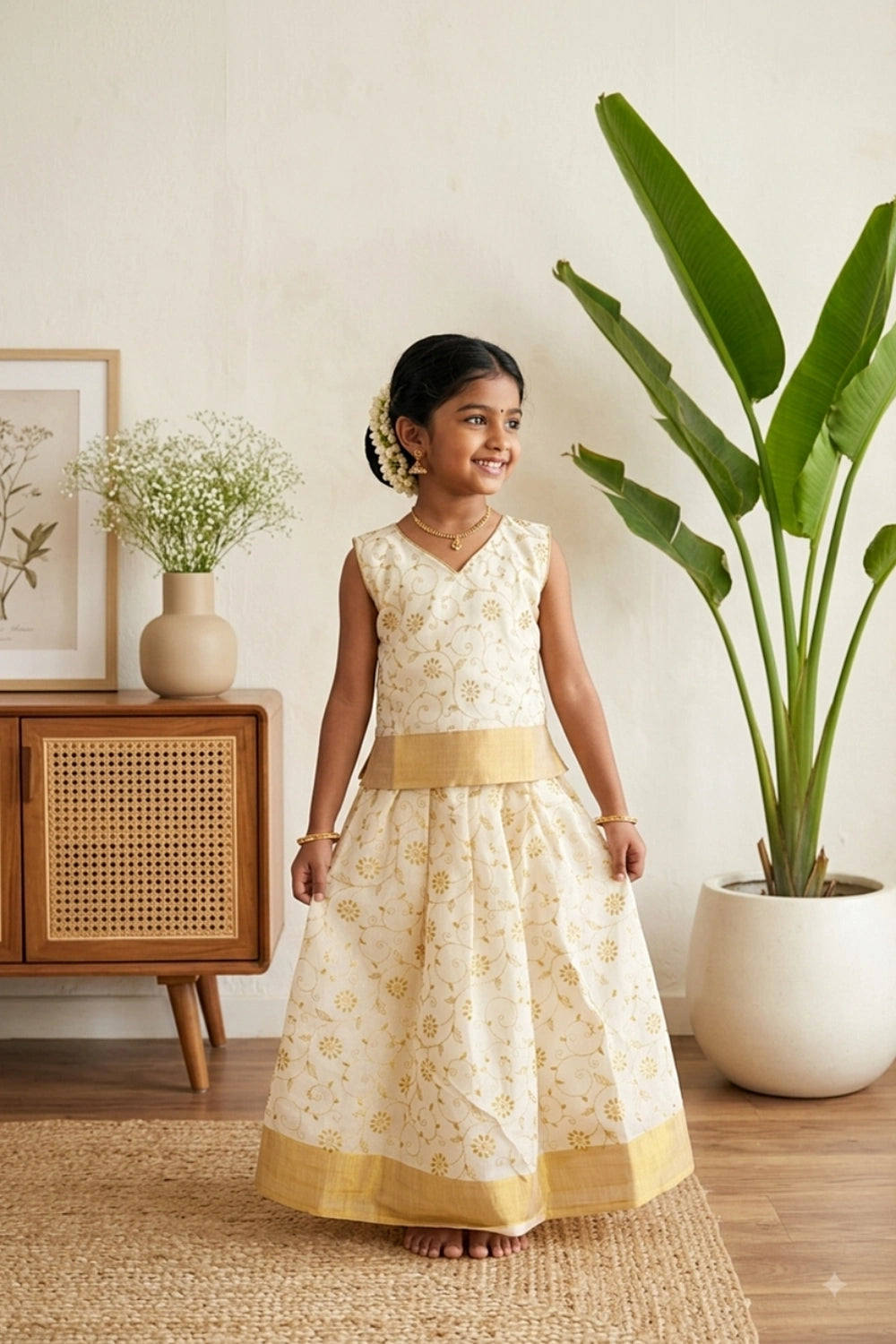 Girls  Cream Color Top With Cream Color Skirt