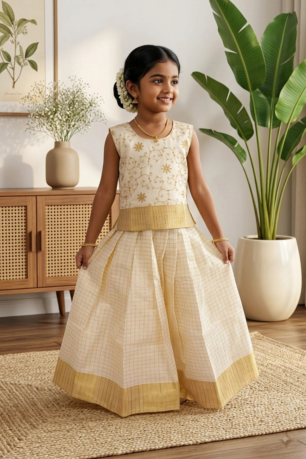 Girls Cream Color Top With Cream Color Skirt