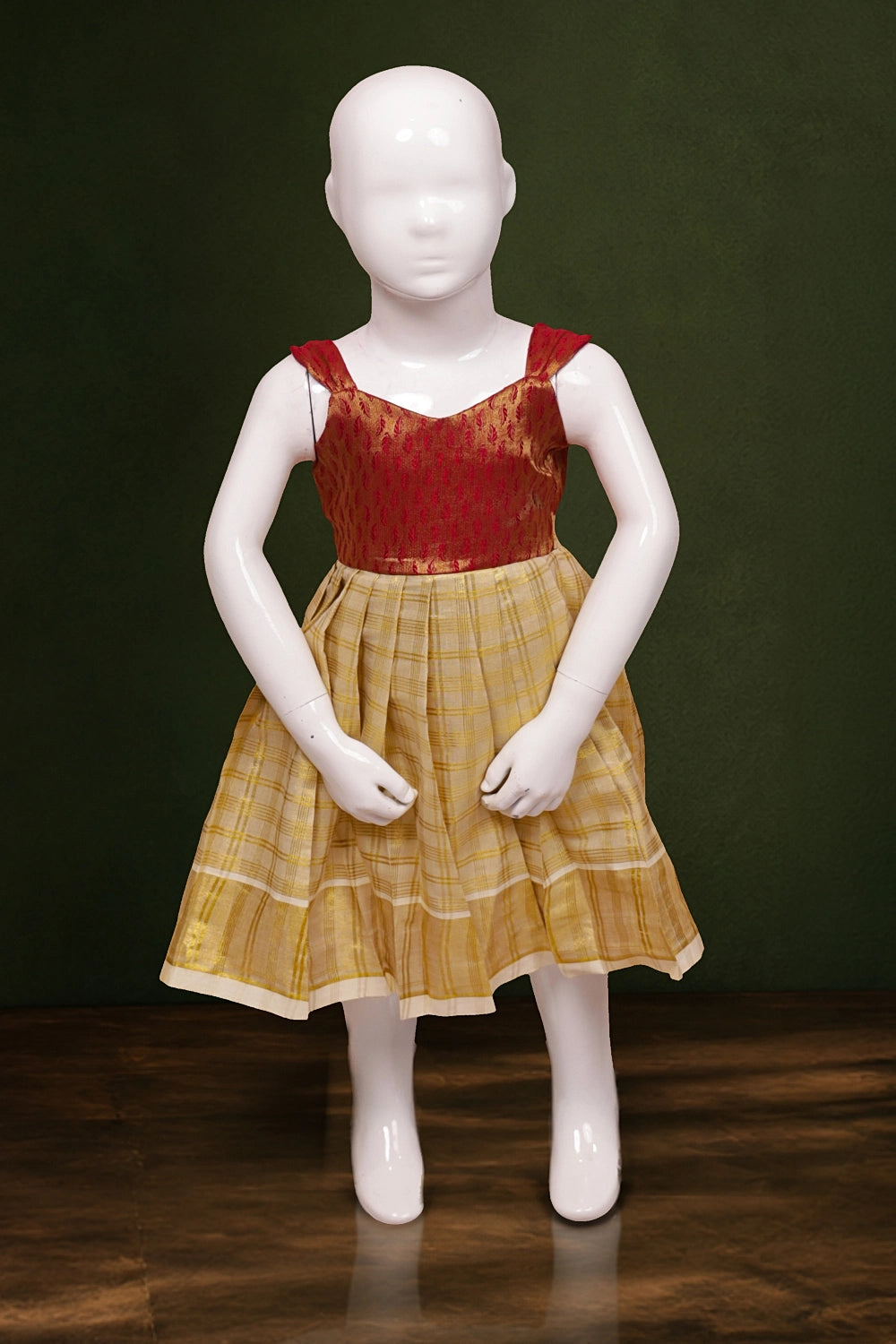 Girls Maroon And Gold Tissue Check Frock
