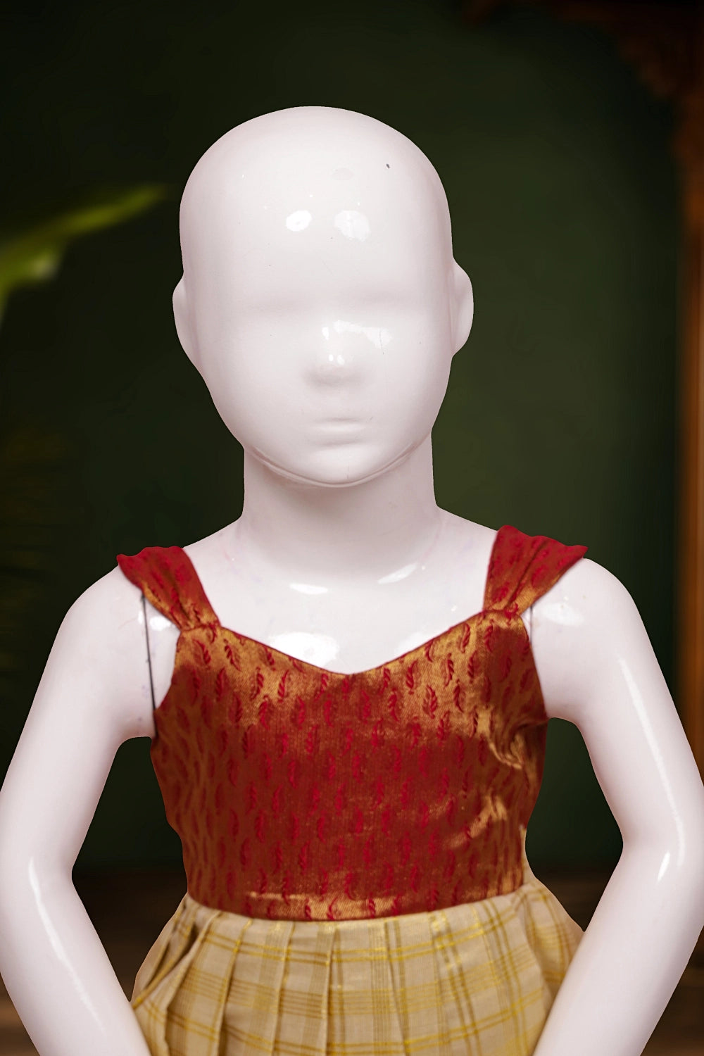 Girls Maroon And Gold Tissue Check Frock