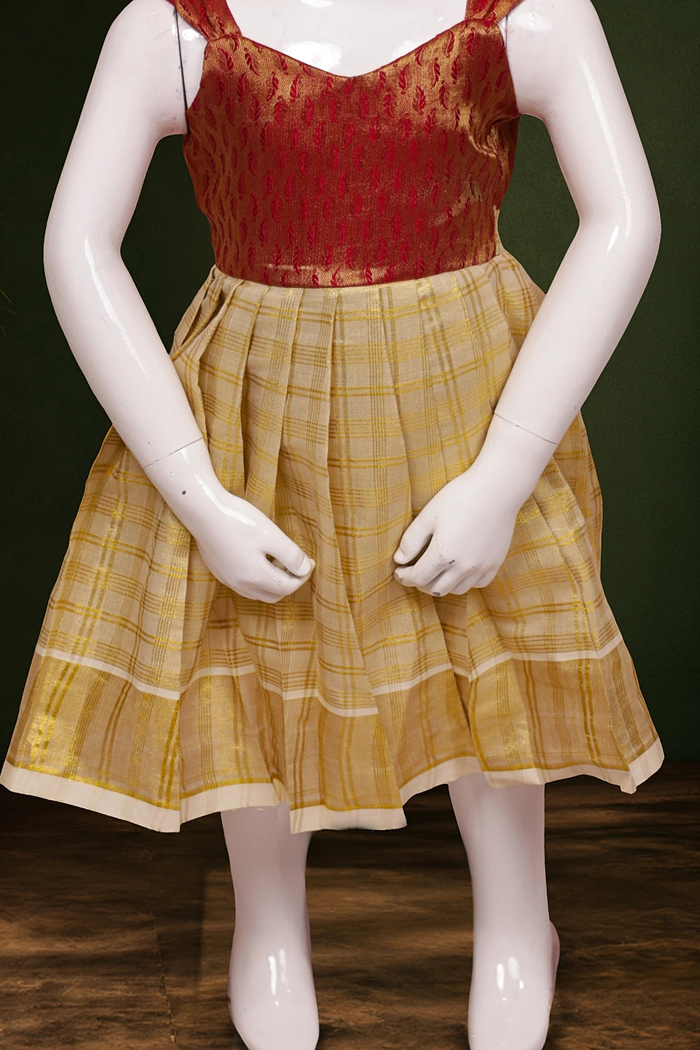 Girls Maroon And Gold Tissue Check Frock