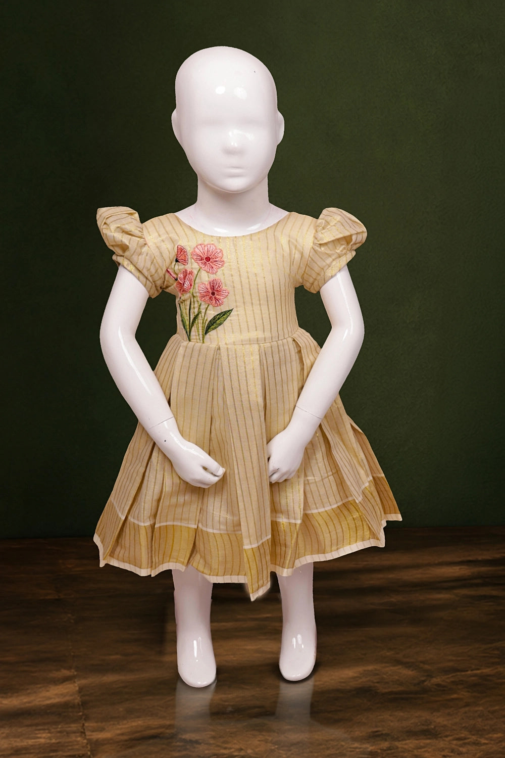 Girls Golden Tissue Lines With Embroidery Frock
