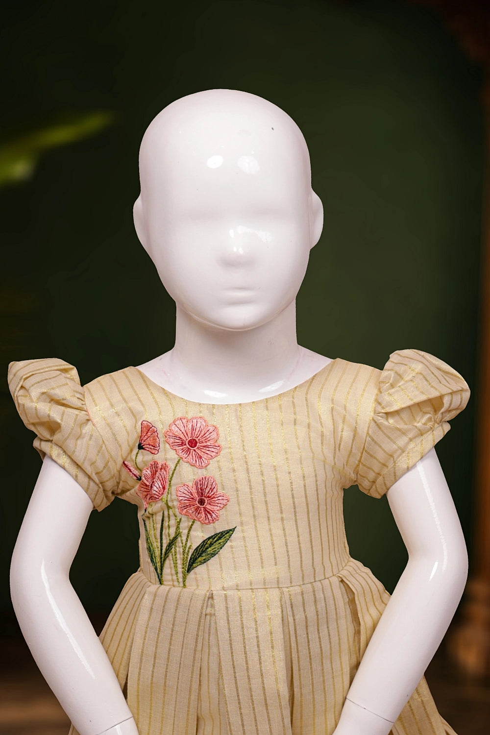 Girls Golden Tissue Lines With Embroidery Frock