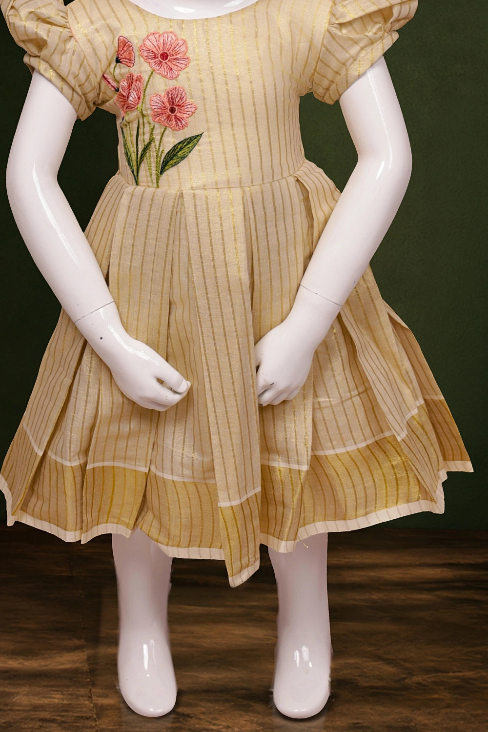 Girls Golden Tissue Lines With Embroidery Frock