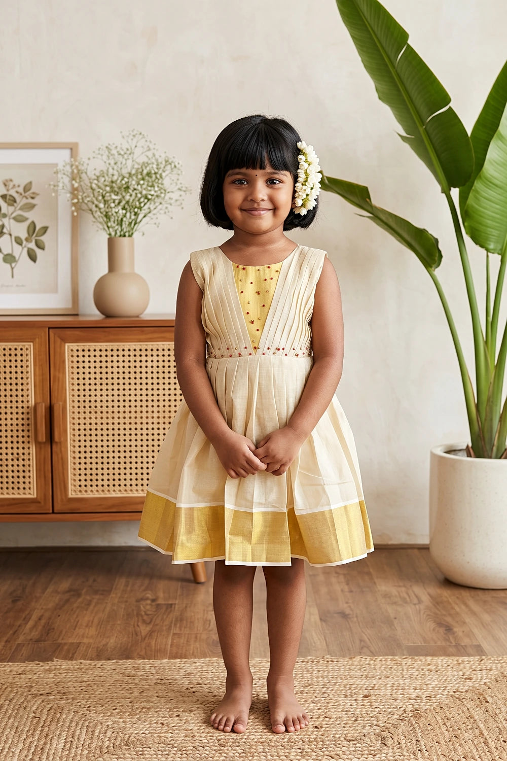 Girls Golden Tissue Beads Work Frock