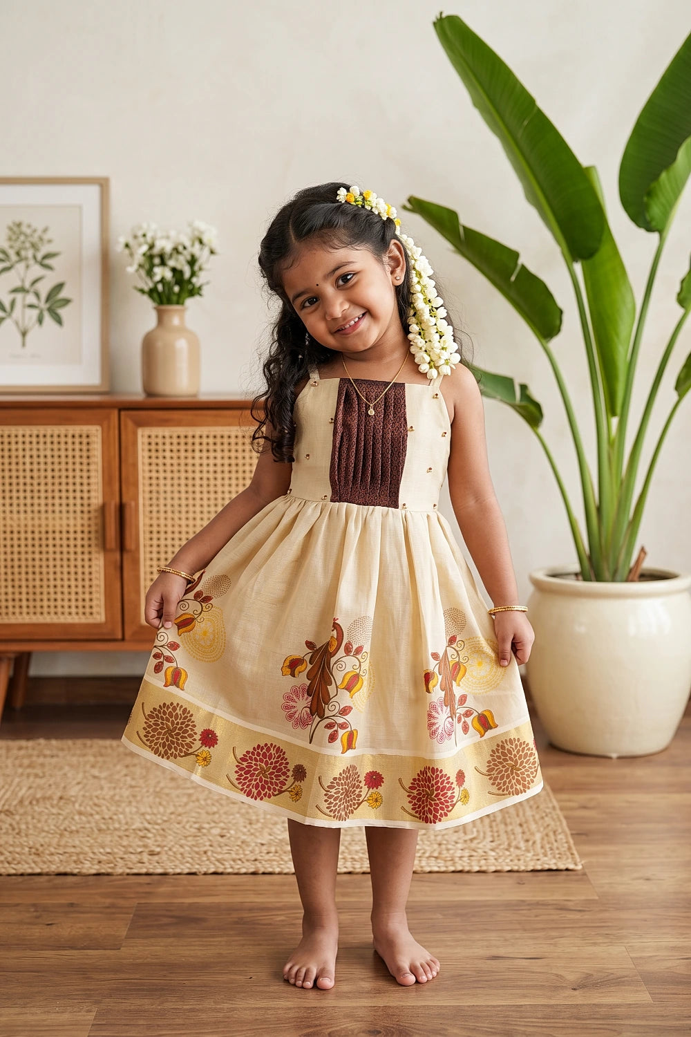 Girls Golden Tissue Peacock Printed Frock
