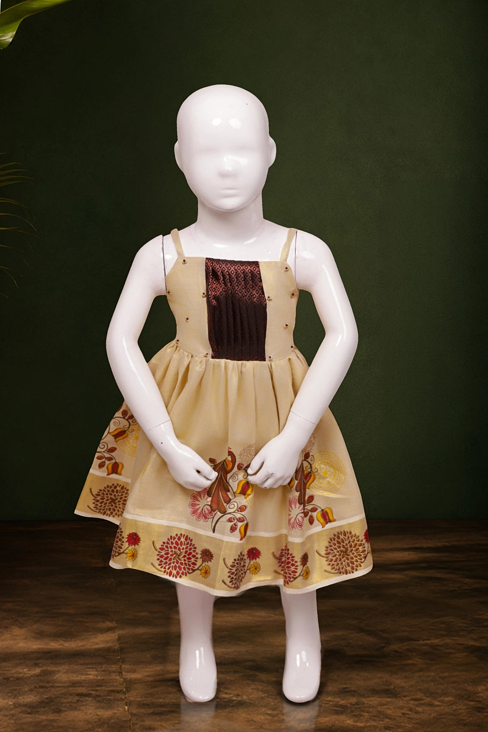 Girls Golden Tissue Peacock Printed Frock