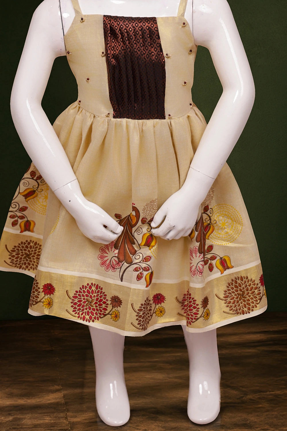 Girls Golden Tissue Peacock Printed Frock