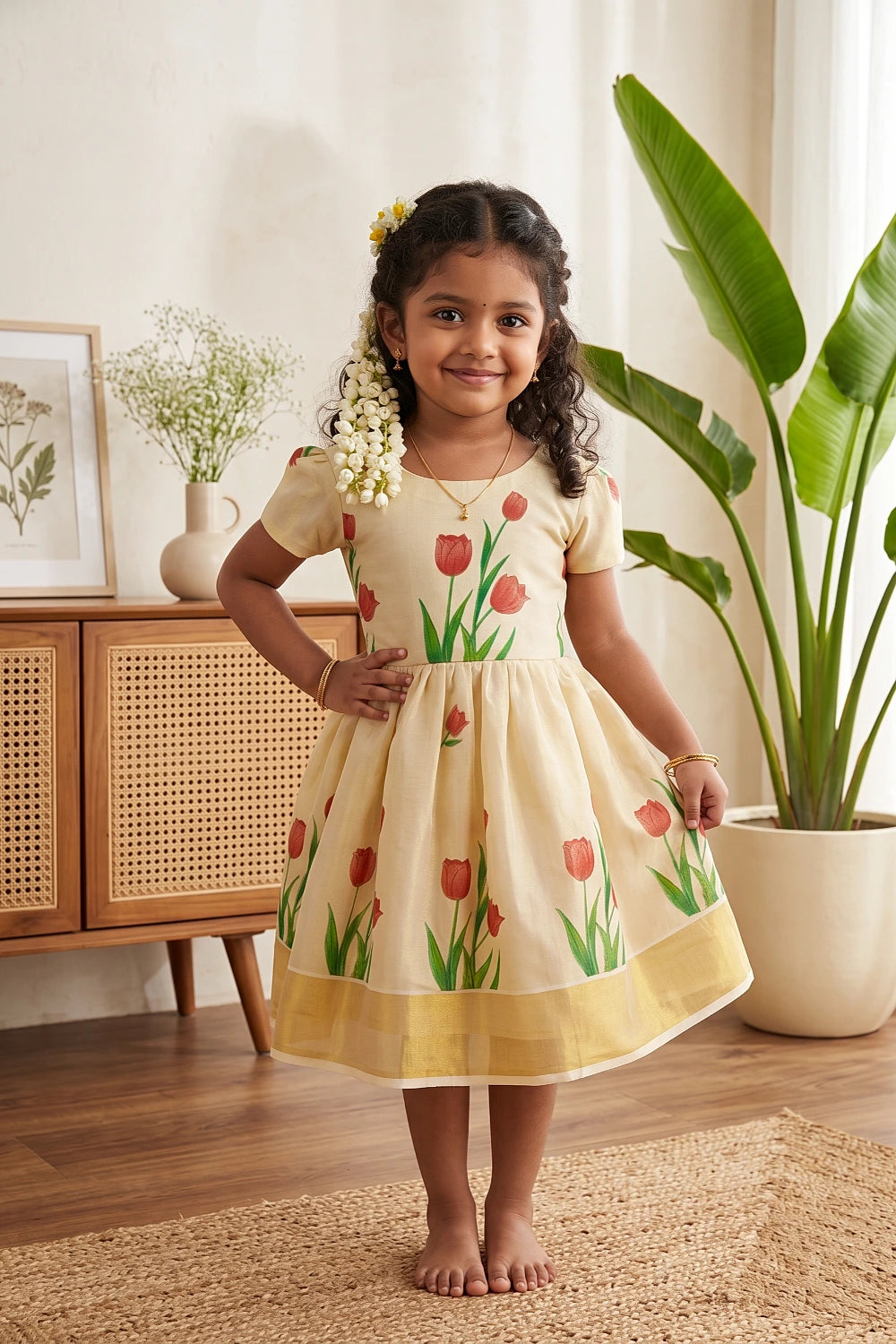 Girls Golden Tissue Folral Printed Frock