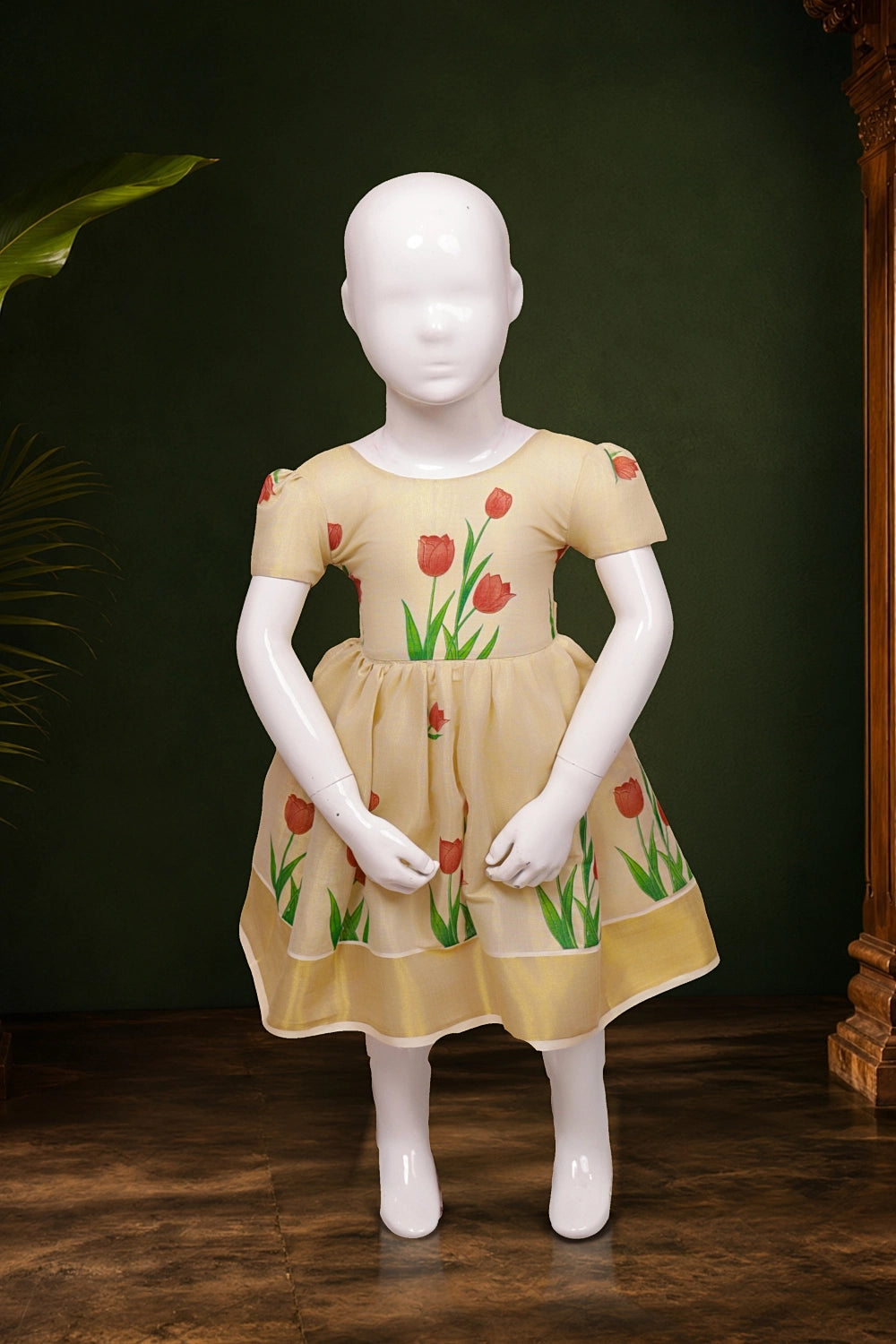 Girls Golden Tissue Folral Printed Frock