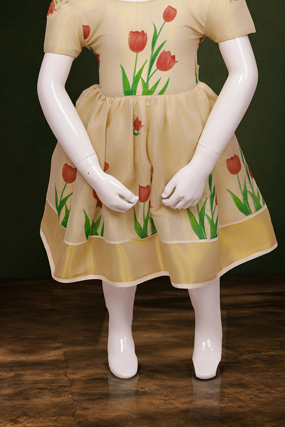 Girls Golden Tissue Folral Printed Frock