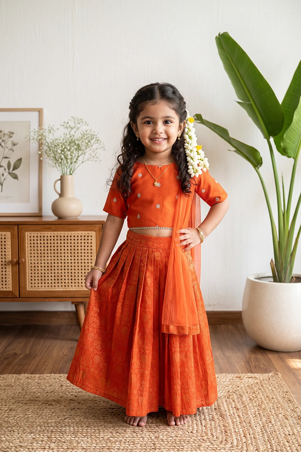 Girls Orange Color Banarasi Lacha