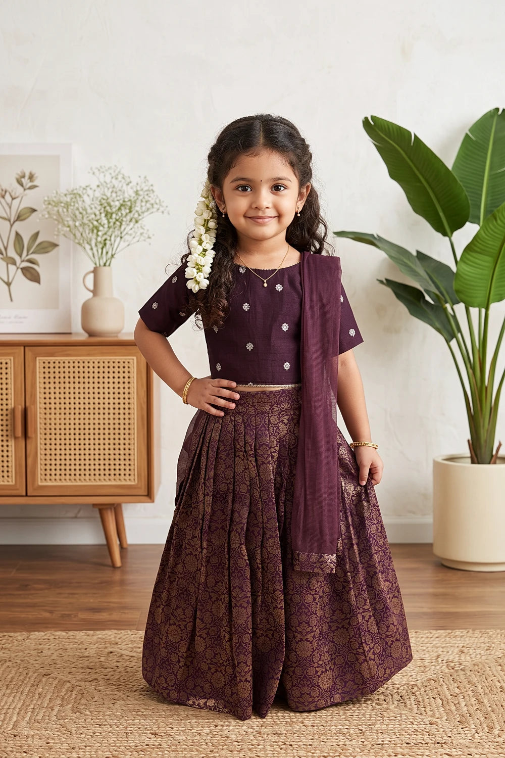 Girls Wine Color Banarasi Lacha