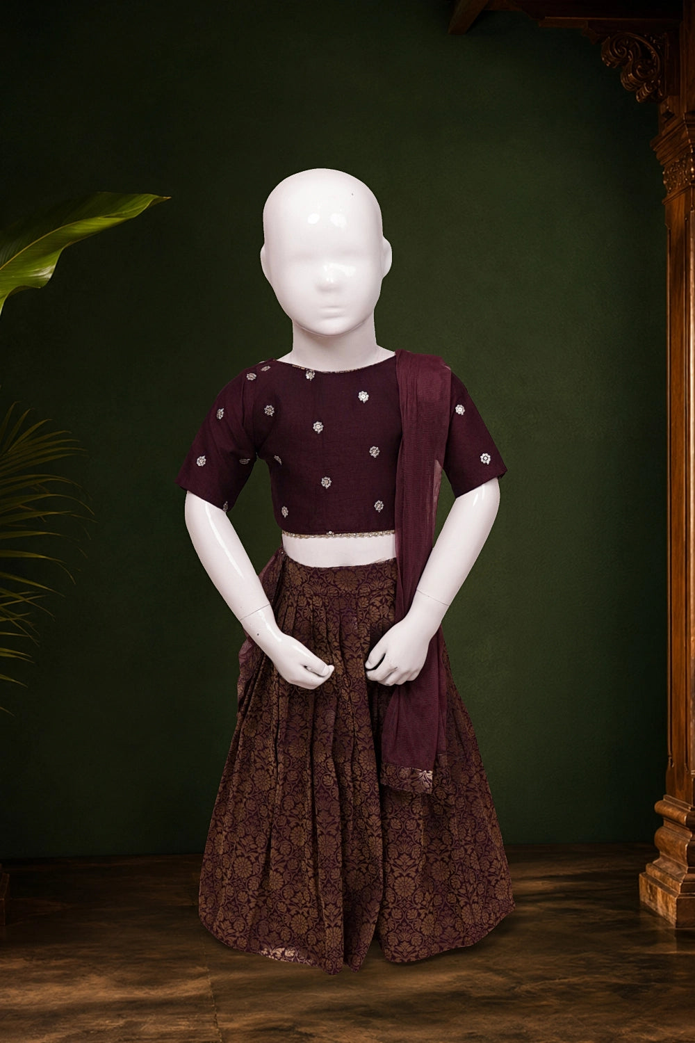 Girls Wine Color Banarasi Lacha