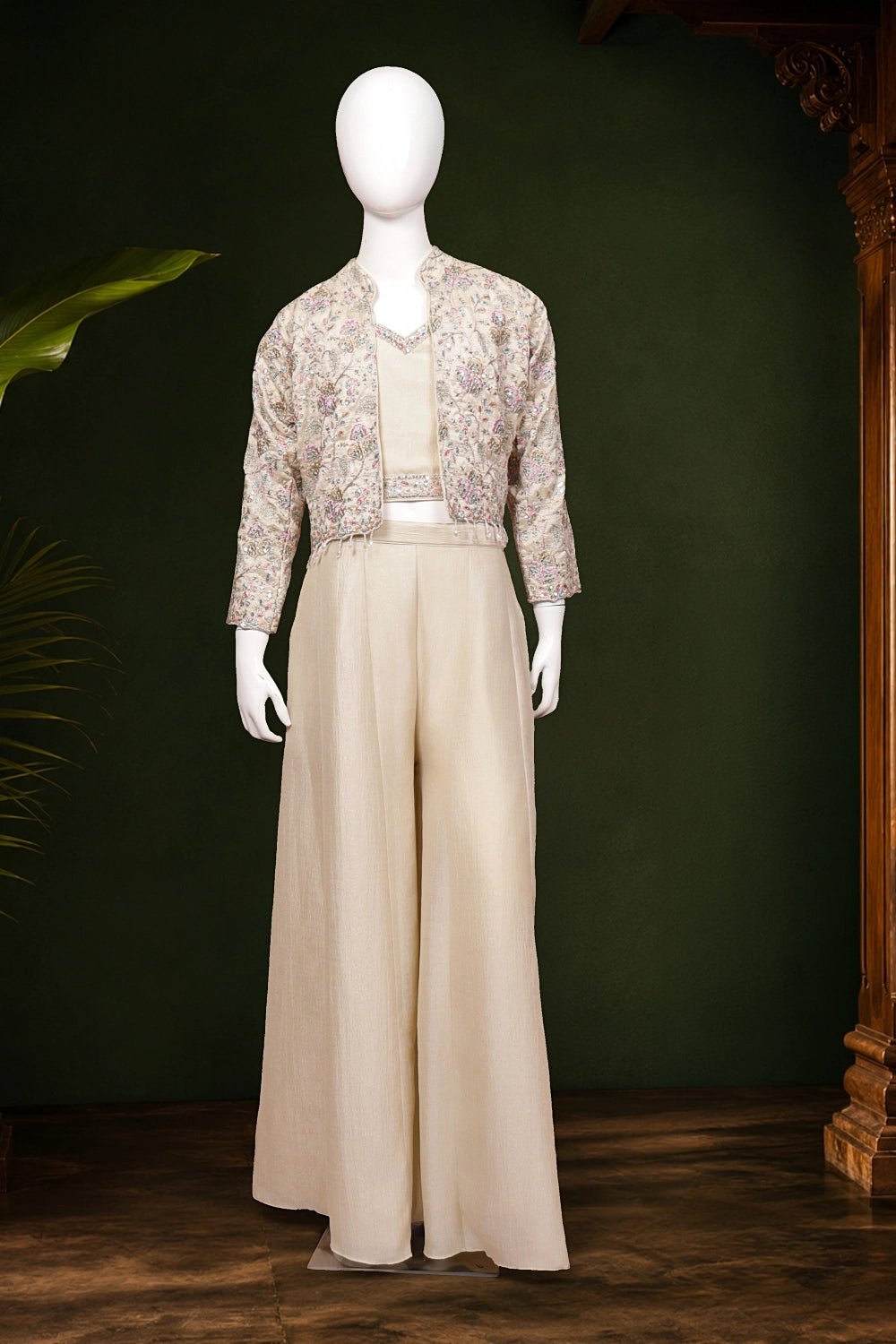 Girls Sandal Cream Color Vichithra Silk Palazzo Set