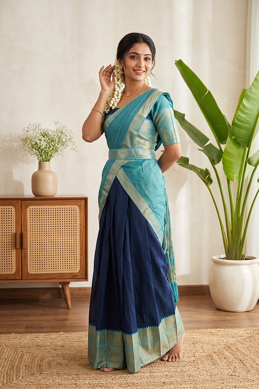 Greenish Blue And Navy Blue Color Kanchi Cotton Dhavani Set - Seematti
