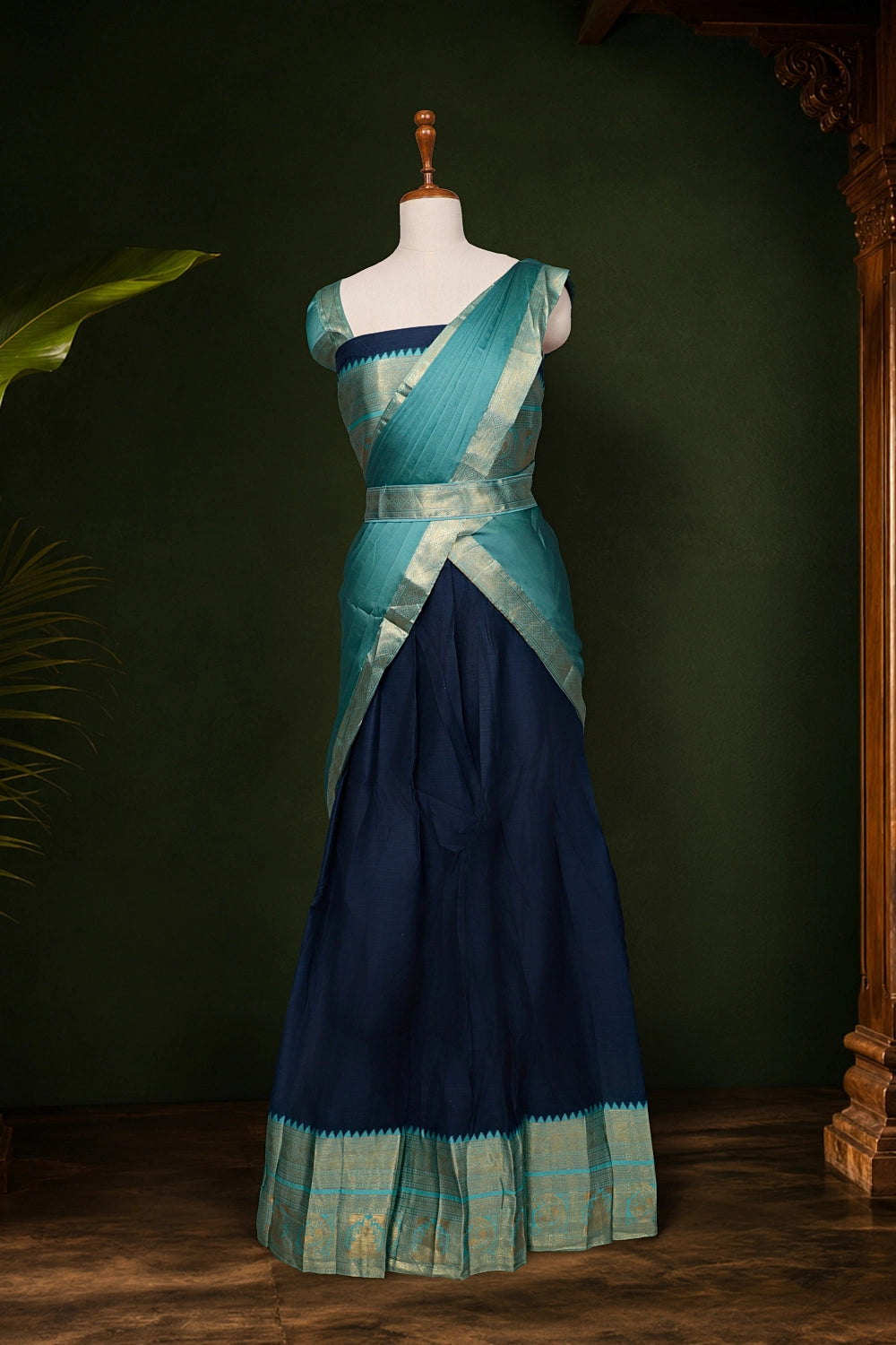Greenish Blue And Navy Blue Color Kanchi Cotton Dhavani Set