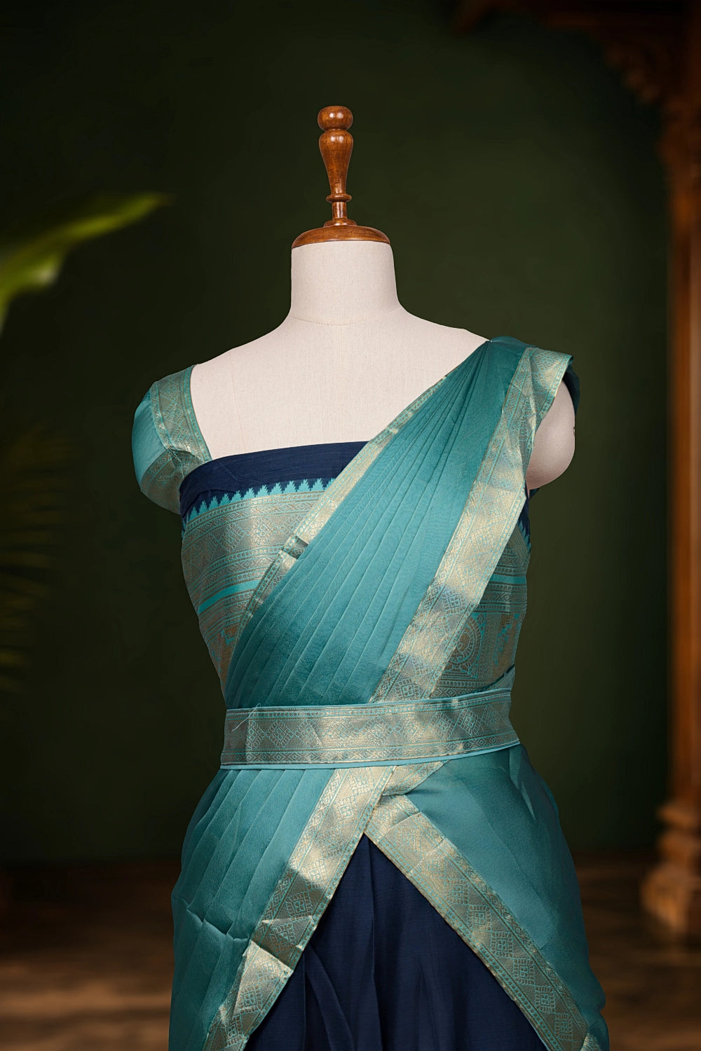 Greenish Blue And Navy Blue Color Kanchi Cotton Dhavani Set