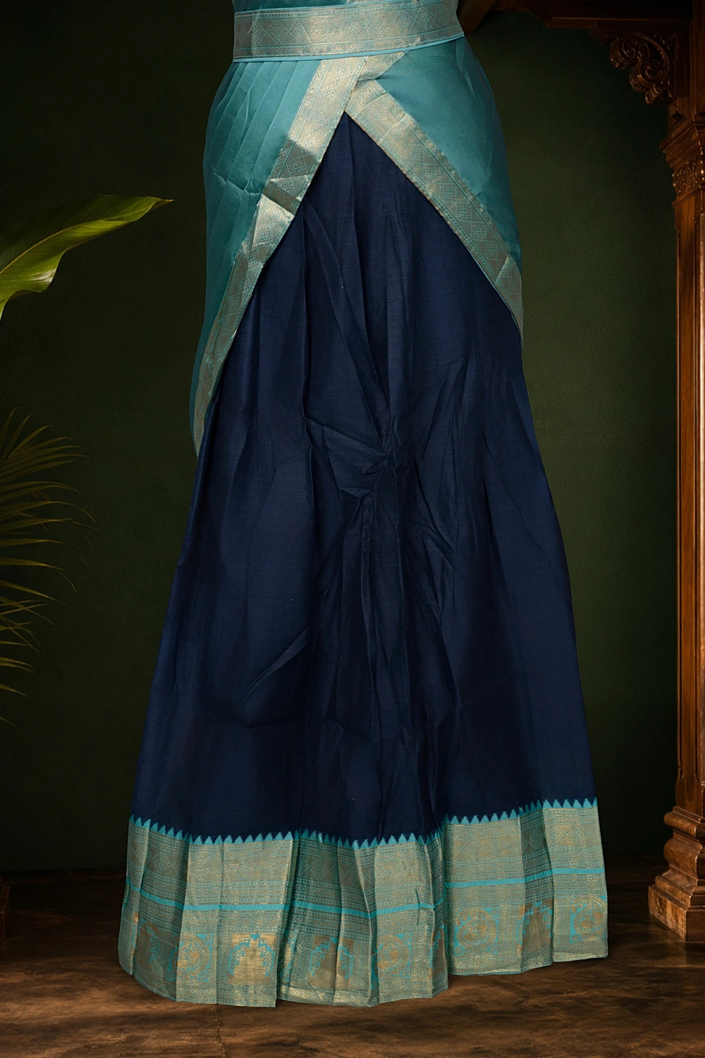 Greenish Blue And Navy Blue Color Kanchi Cotton Dhavani Set