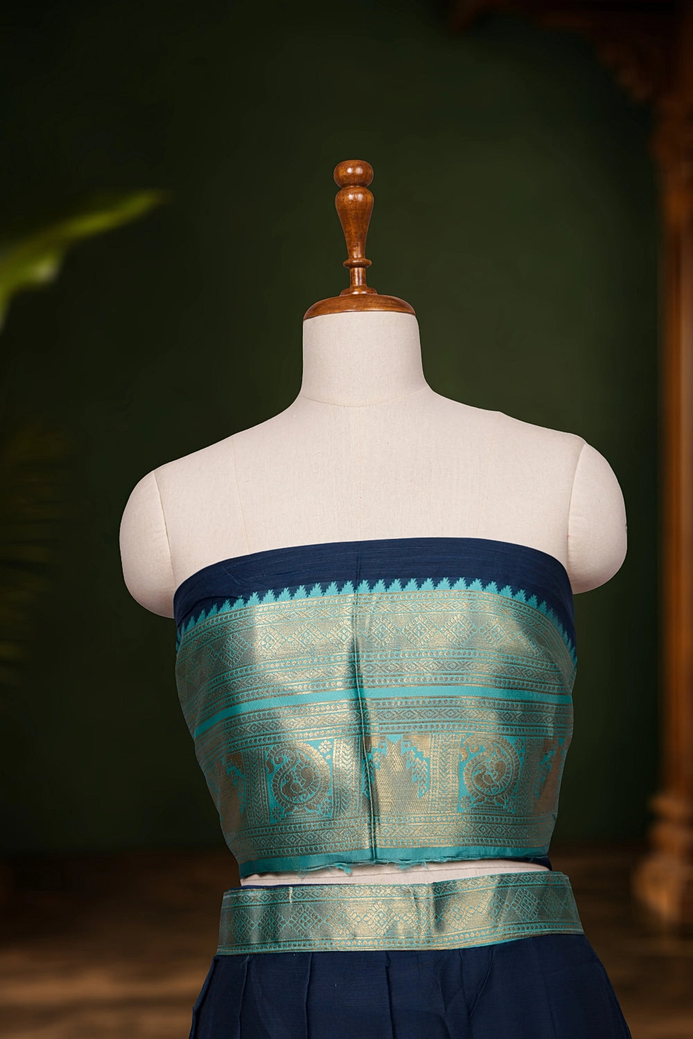 Greenish Blue And Navy Blue Color Kanchi Cotton Dhavani Set