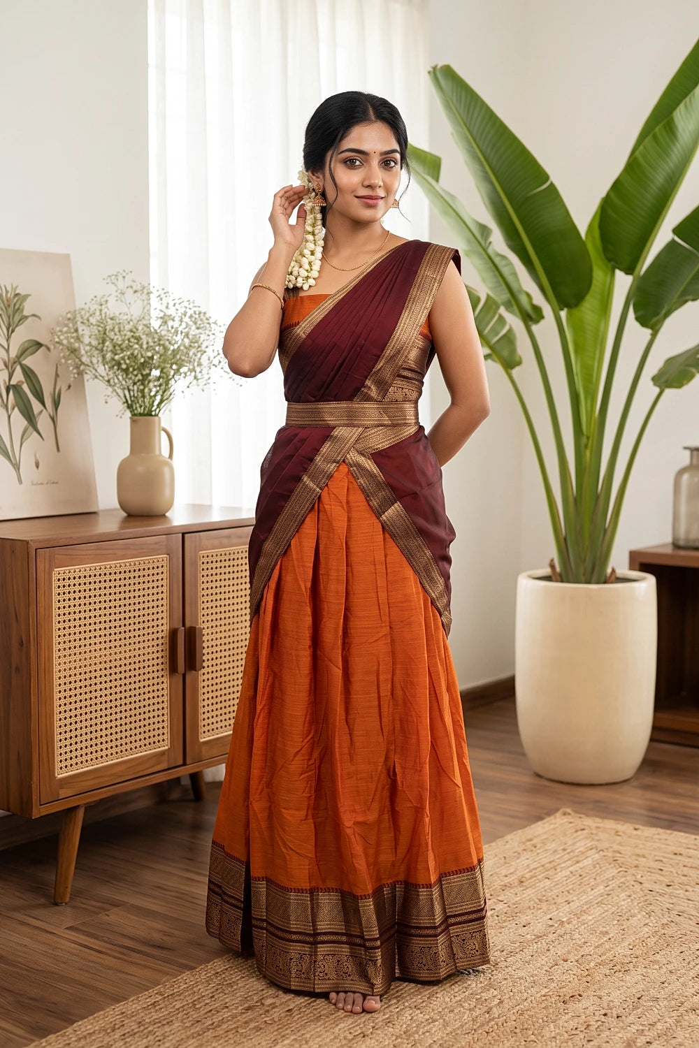 Orange Color Kanchi Cotton Dhavani Set