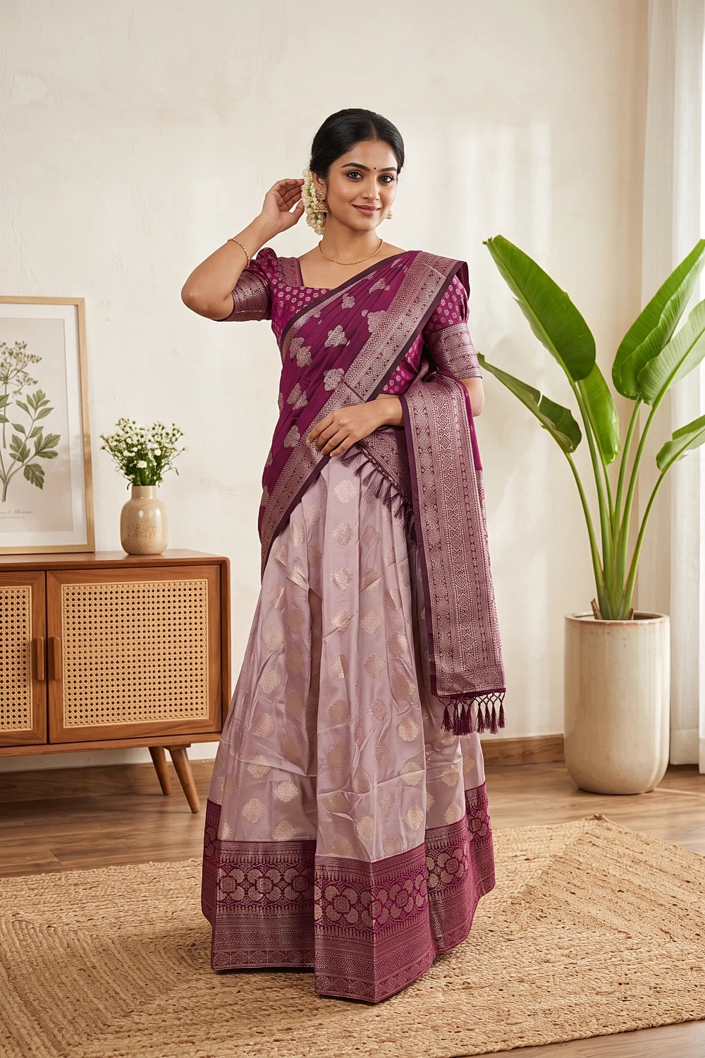 Wine And Lavender Color Silk Dhavani Set